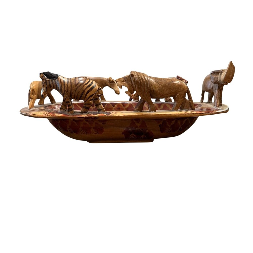 African Safari Animal Hand Carved Wood Bowl 12"w x 5 7/8"d x 4"h - Picture 2 of 16